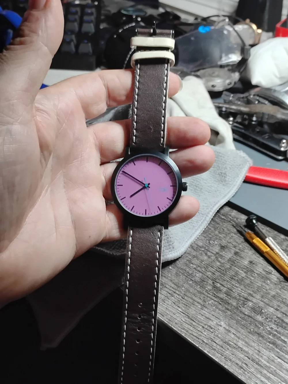 tokidoki Men's Pink Dial Watch with Brown Leather Strap